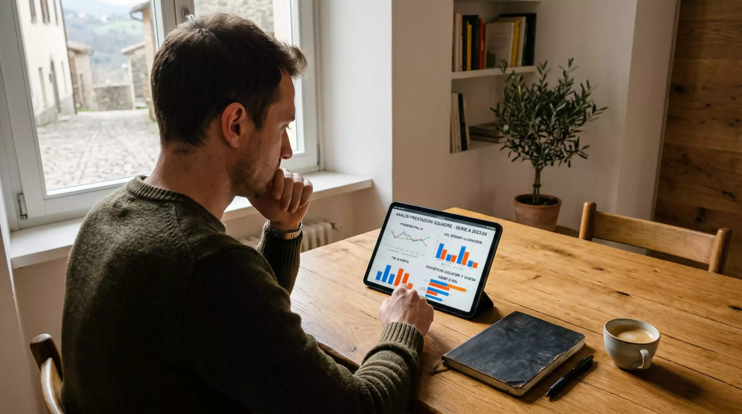 Persona che analizza statistiche di calcio su un tablet