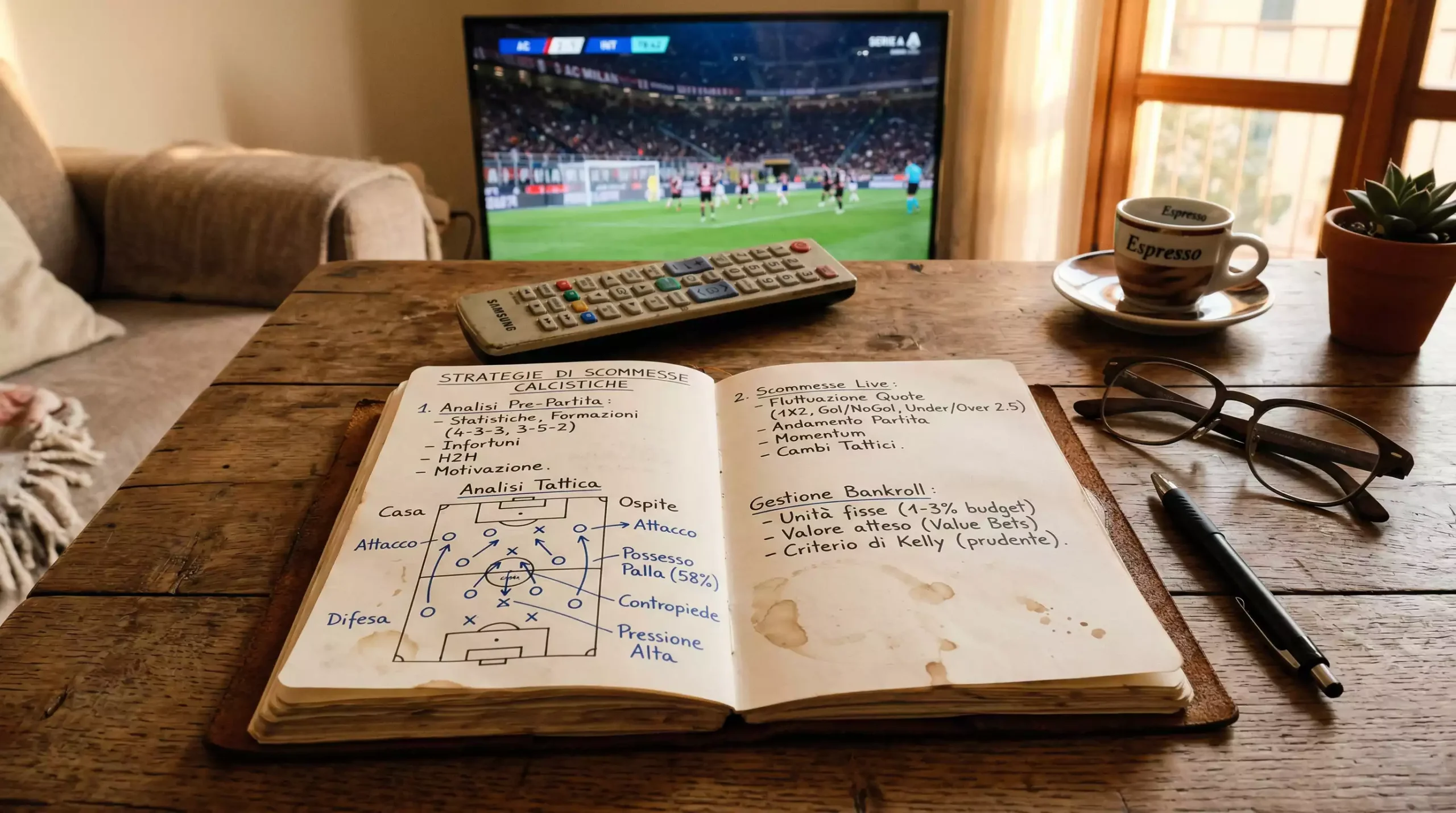 Blocco note con appunti e analisi accanto a una partita di calcio in TV