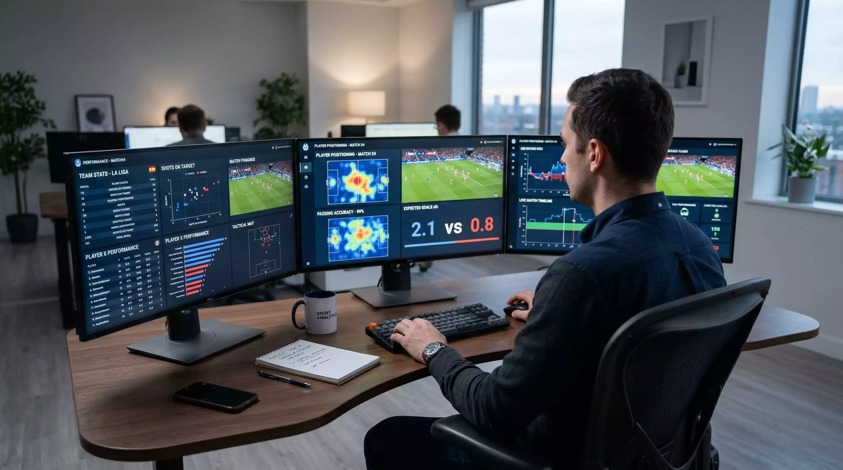 Analista sportivo che studia statistiche di calcio