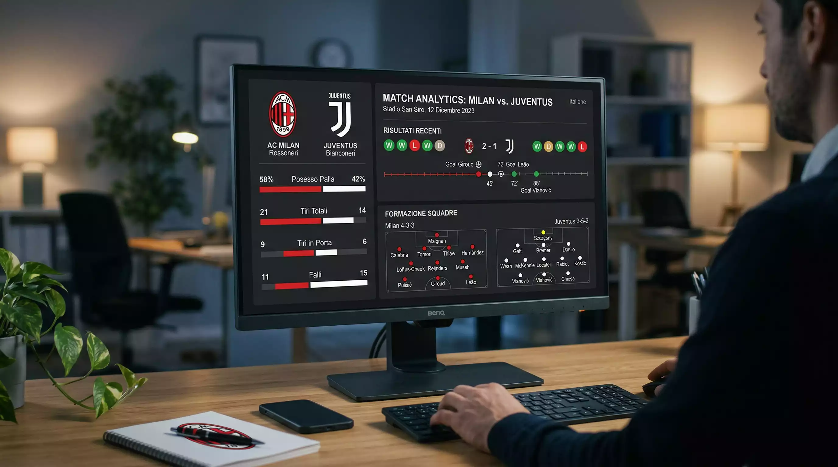 Schermo con statistiche e dati delle squadre di calcio