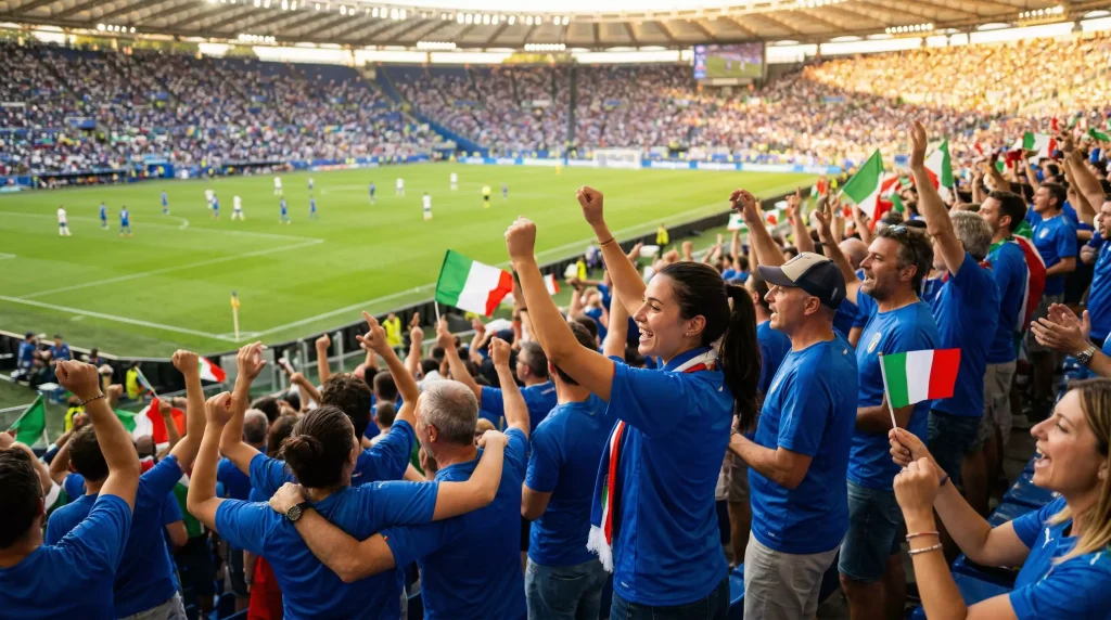 Tifosi italiani che guardano una partita di calcio allo stadio